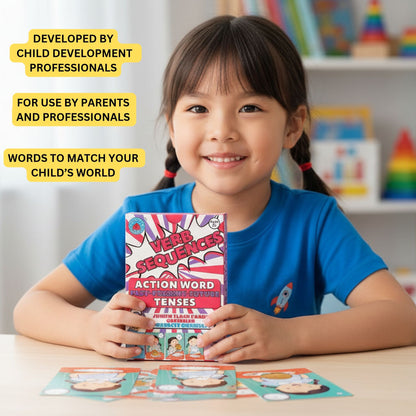 Verb Sequences tense flashcards: a girl holding the Verb Sequences deck