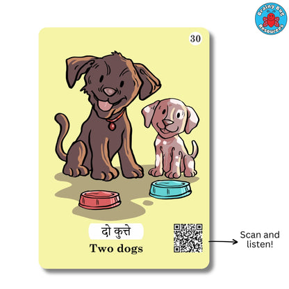 Learn Hindi bilingual Hindi and English flashcards: sample card: two dogs (दो कुत्ते)