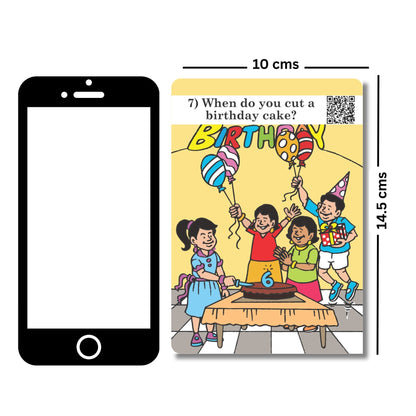 When? Time, Day and Season flashcards: card size shown next to a phone