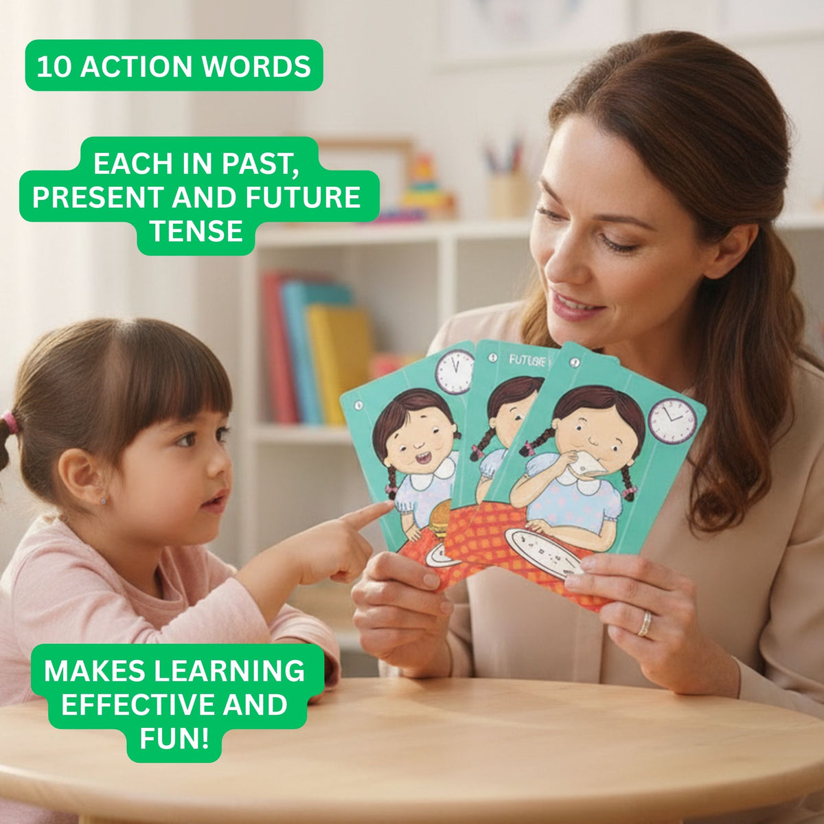 Verb Sequences tense flashcards: a mother and child playing with the cards