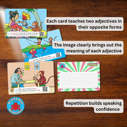 Adjectives in Sentences flashcards: each card teaches two adjectives in sentences
