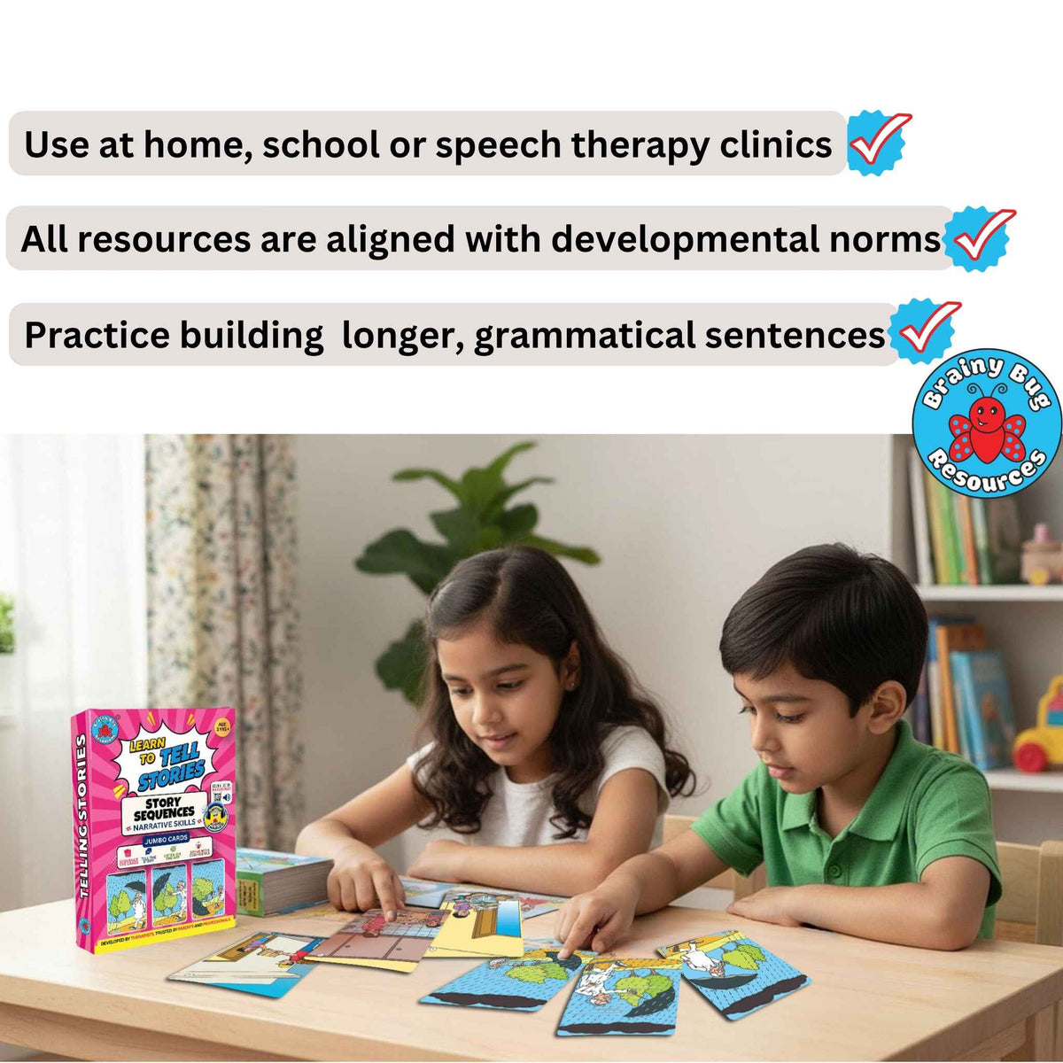 Learn to Tell Stories story sequencing cards: children putting a story in order