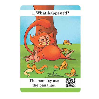 What Happened? Past Tenses Level 1 flashcards: sample card: The monkey ate the bananas