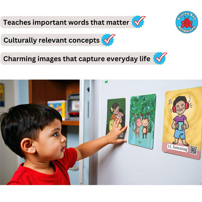 Action Words Level 2 flashcards: a child matching cards on a wall