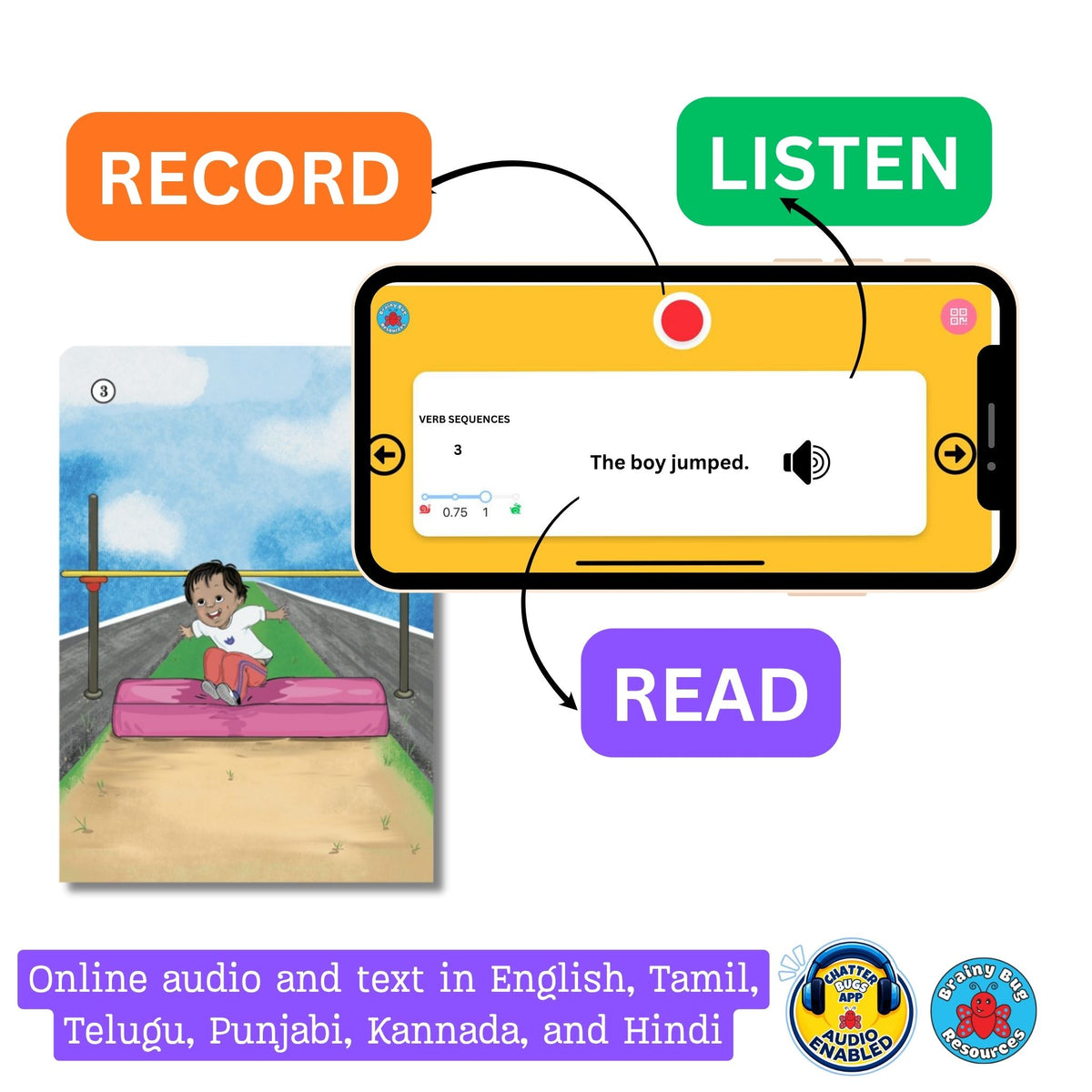 Verb Sequences tense flashcards: audio app: record, listen and read