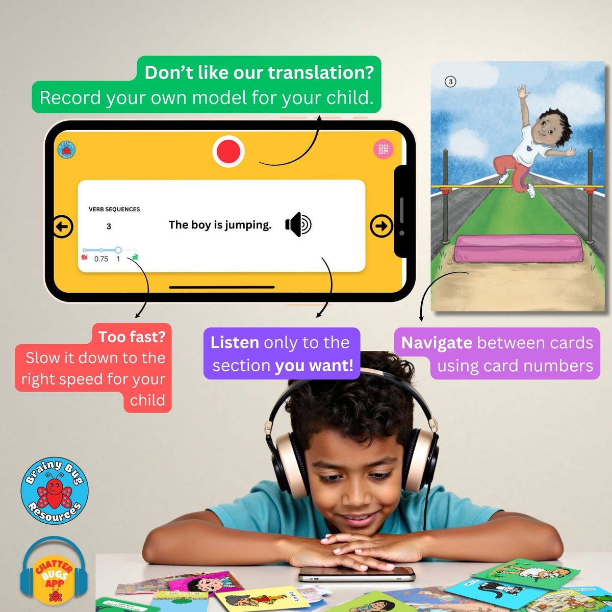 Verb Sequences tense flashcards: a child using the app with headphones while looking at the cards