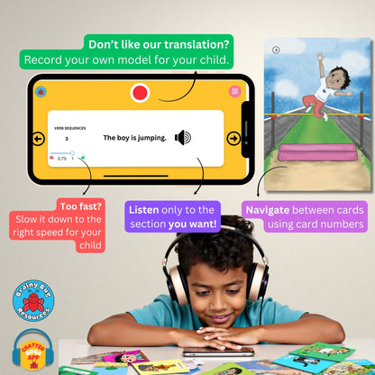 Verb Sequences tense flashcards: a child using the app with headphones while looking at the cards