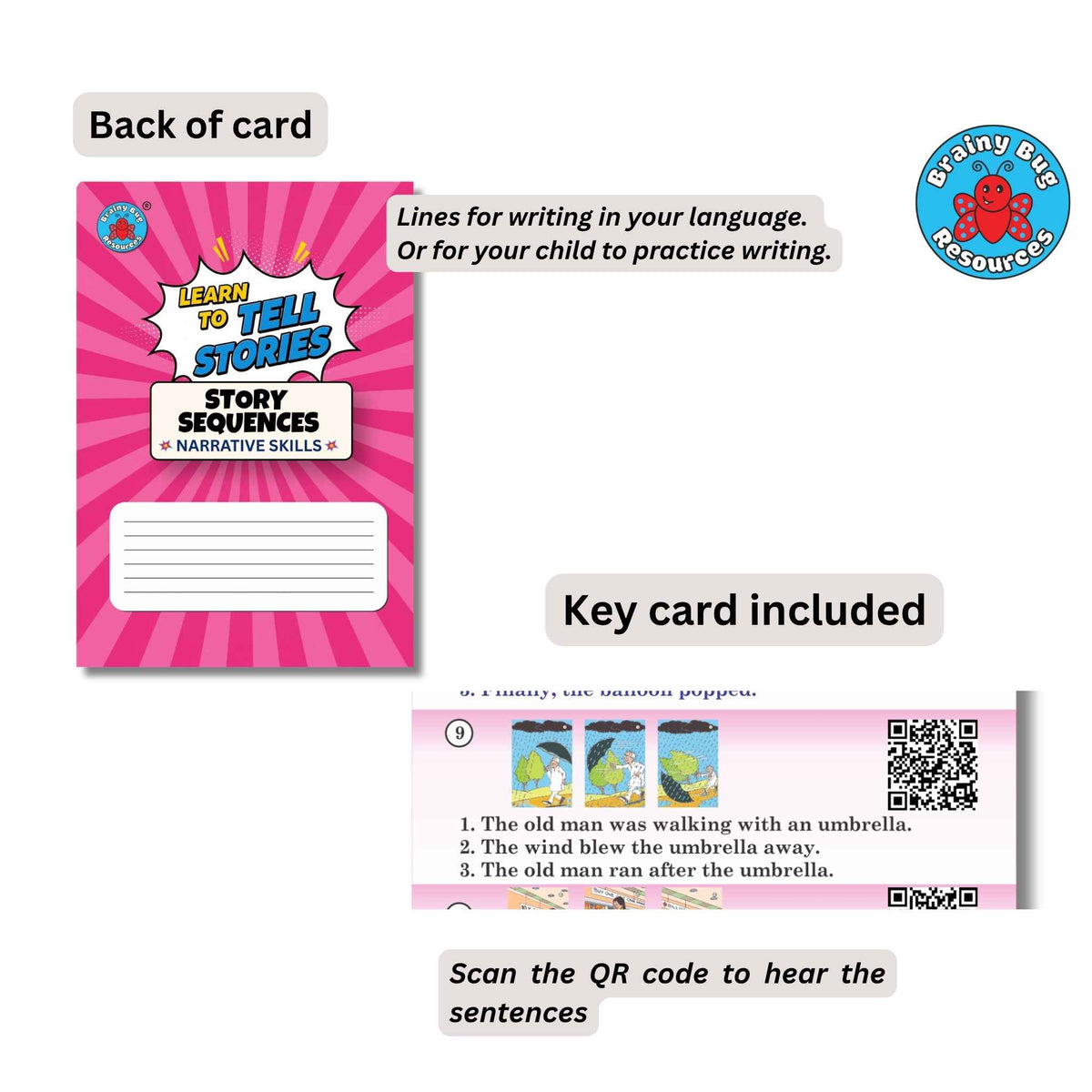 Learn to Tell Stories story sequencing cards: back of a card and the key card