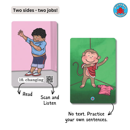 Action Words Level 2 flashcards: two-sided card: picture on the front, practice on the back