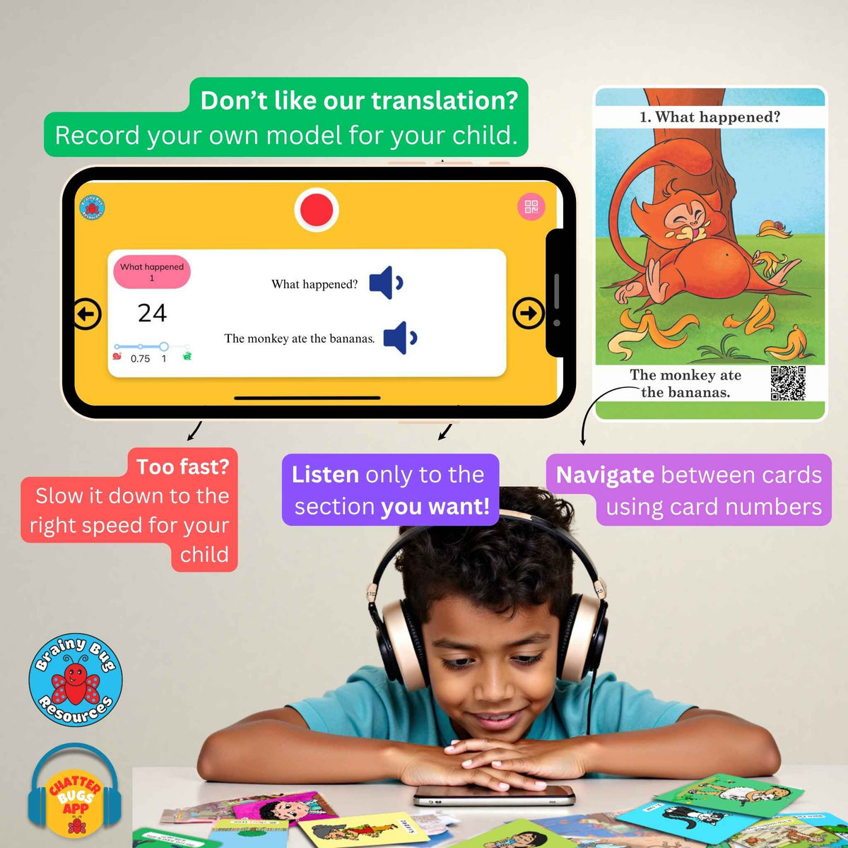 What Happened? Past Tenses Level 1 flashcards: a child listening to the audio with headphones