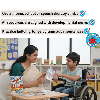 Where? Position Words Level 2 flashcards: a teacher using the cards with a child
