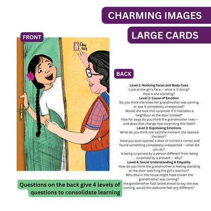 Emotions Level 2 flashcards: large picture cards with questions on the back