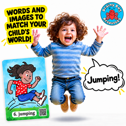 Action Words Level 1 flashcards: a child jumping, shown on the matching card