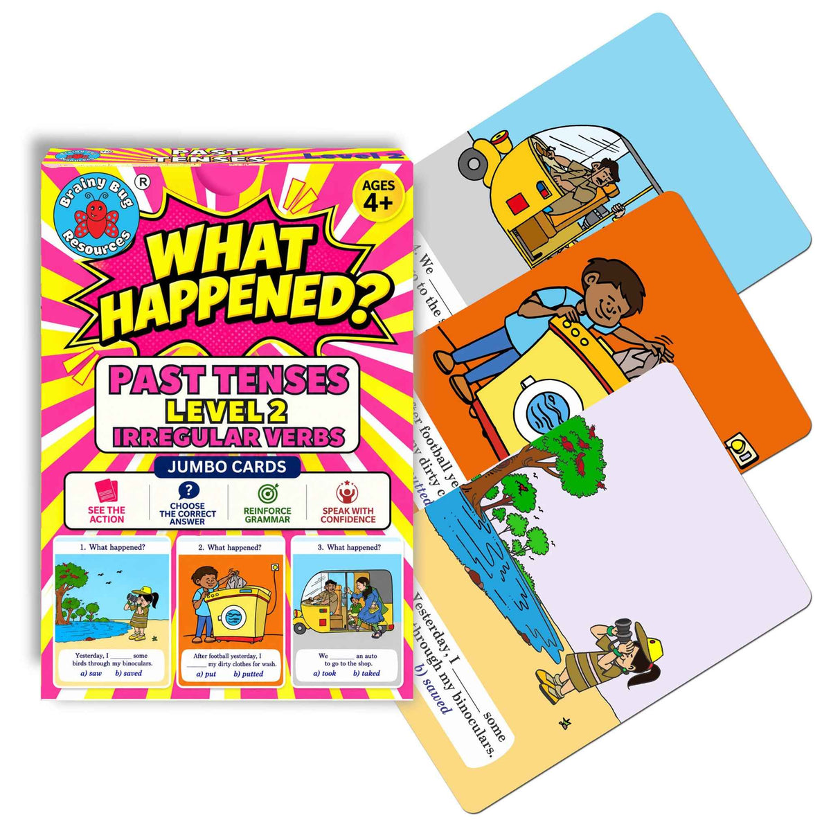 What Happened? Past Tenses Level 2 flashcards: box with sample cards
