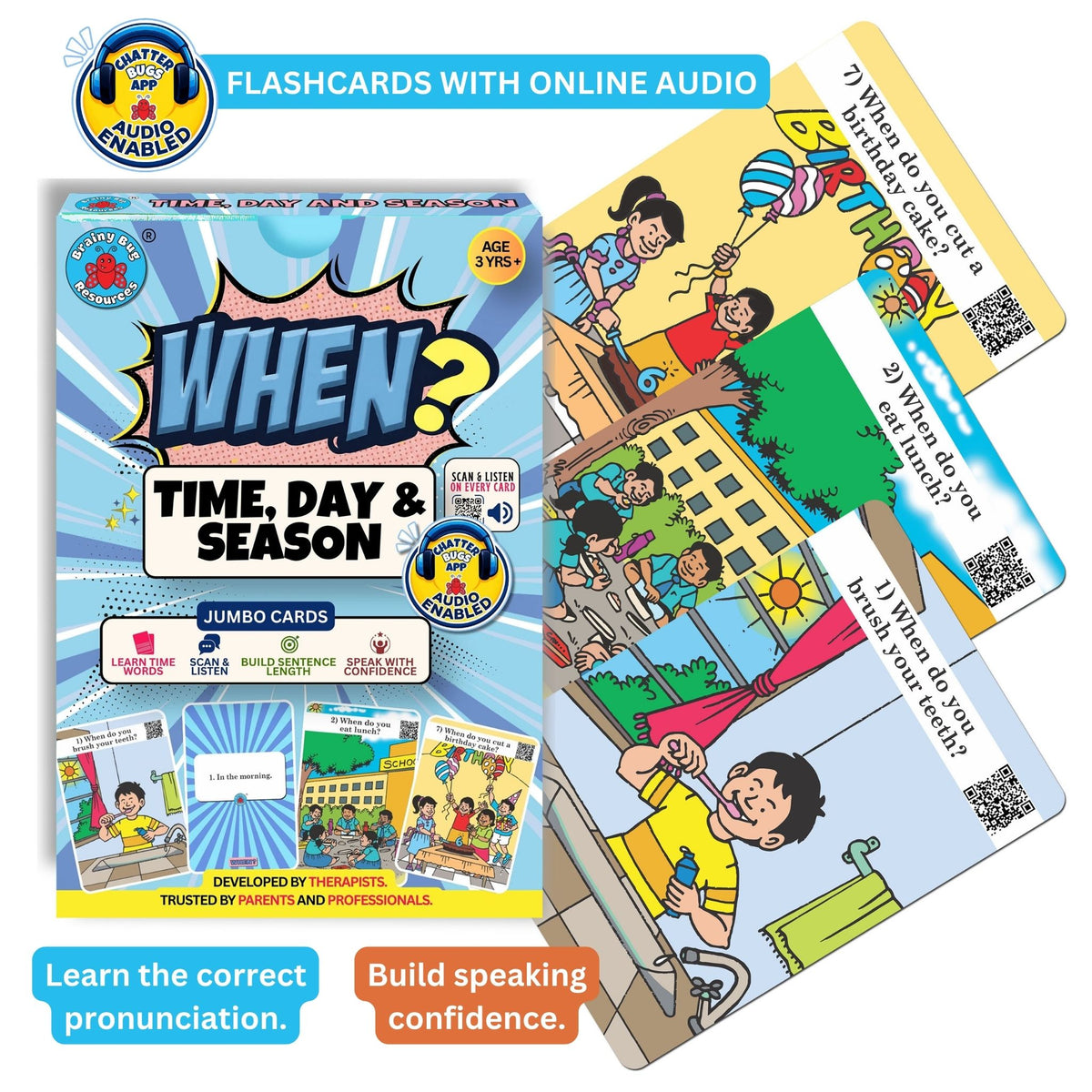 When? Time, Day and Season flashcards: box with sample cards