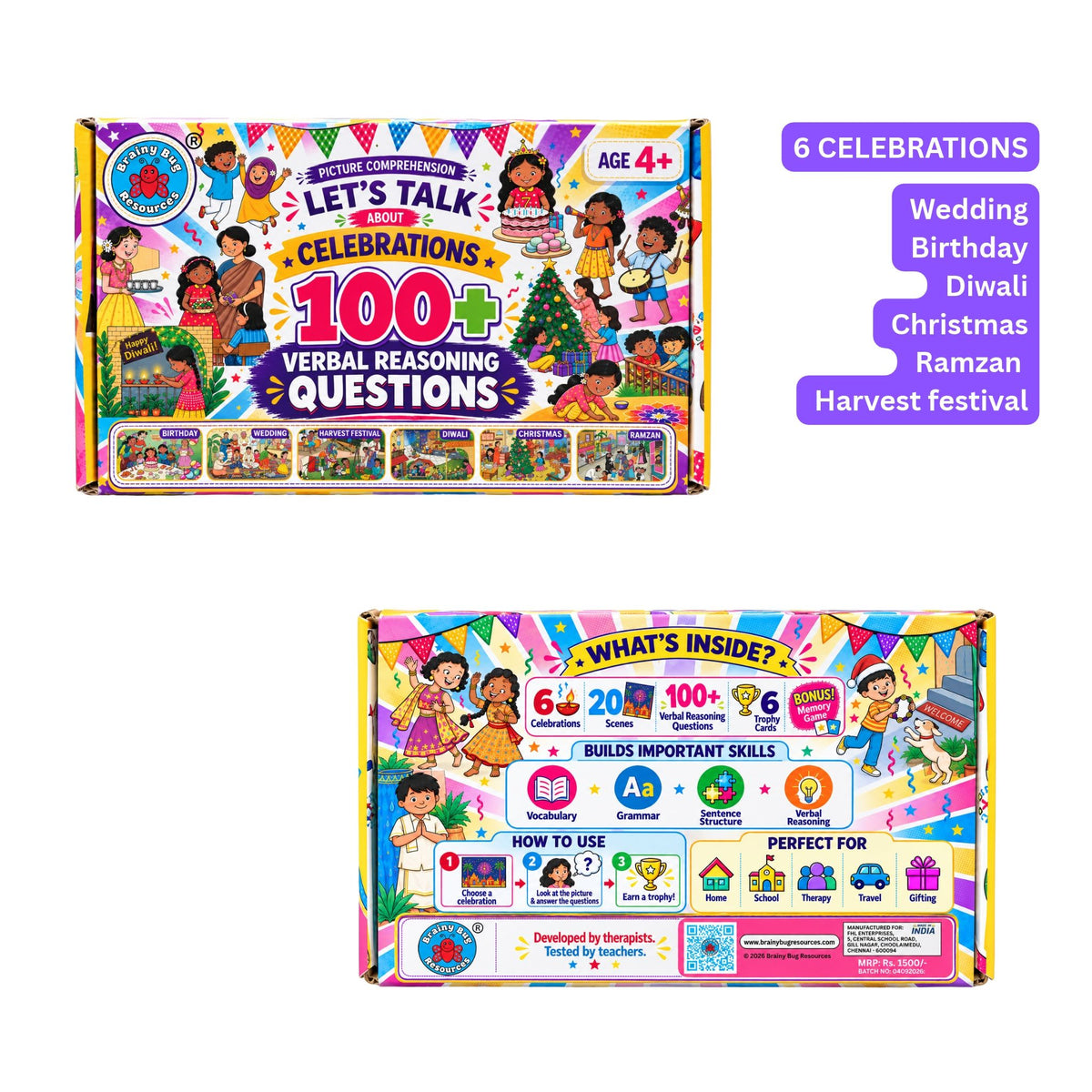 Front and back of the box, covering six celebrations: wedding, birthday, Diwali, Christmas, Ramzan and harvest festival