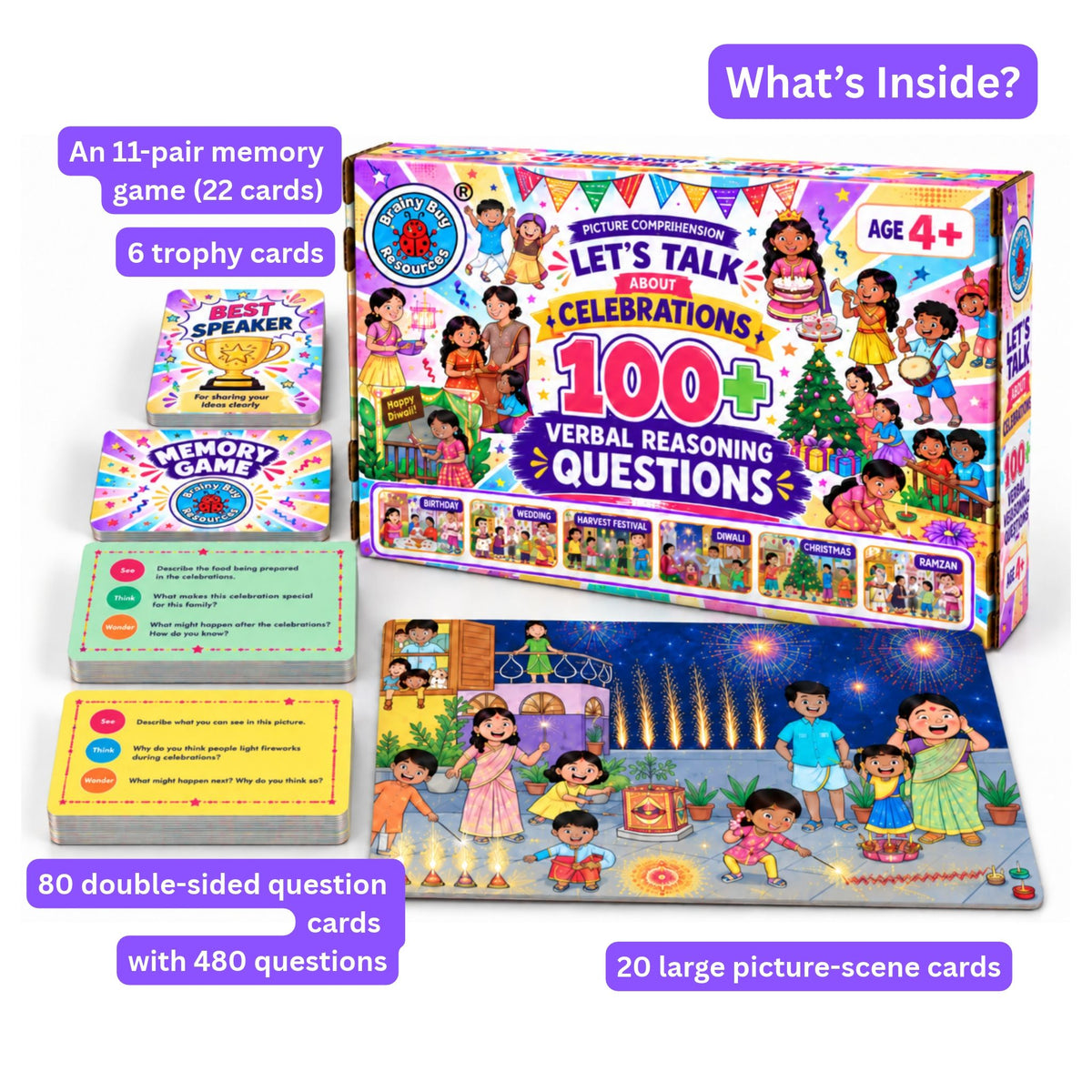 What's inside: 20 picture-scene cards, 80 question cards, an 11-pair memory game and 6 trophy cards