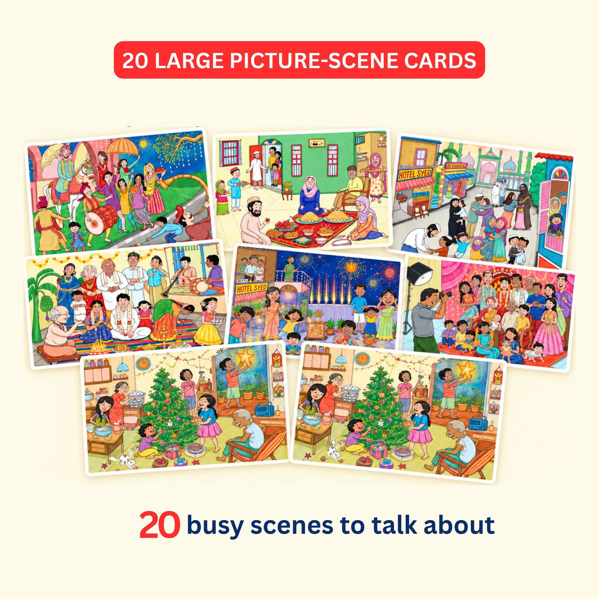 20 large picture-scene cards showing busy celebration scenes to talk about