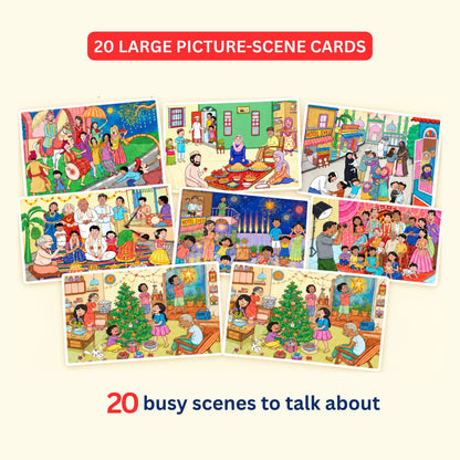 20 large picture-scene cards showing busy celebration scenes to talk about