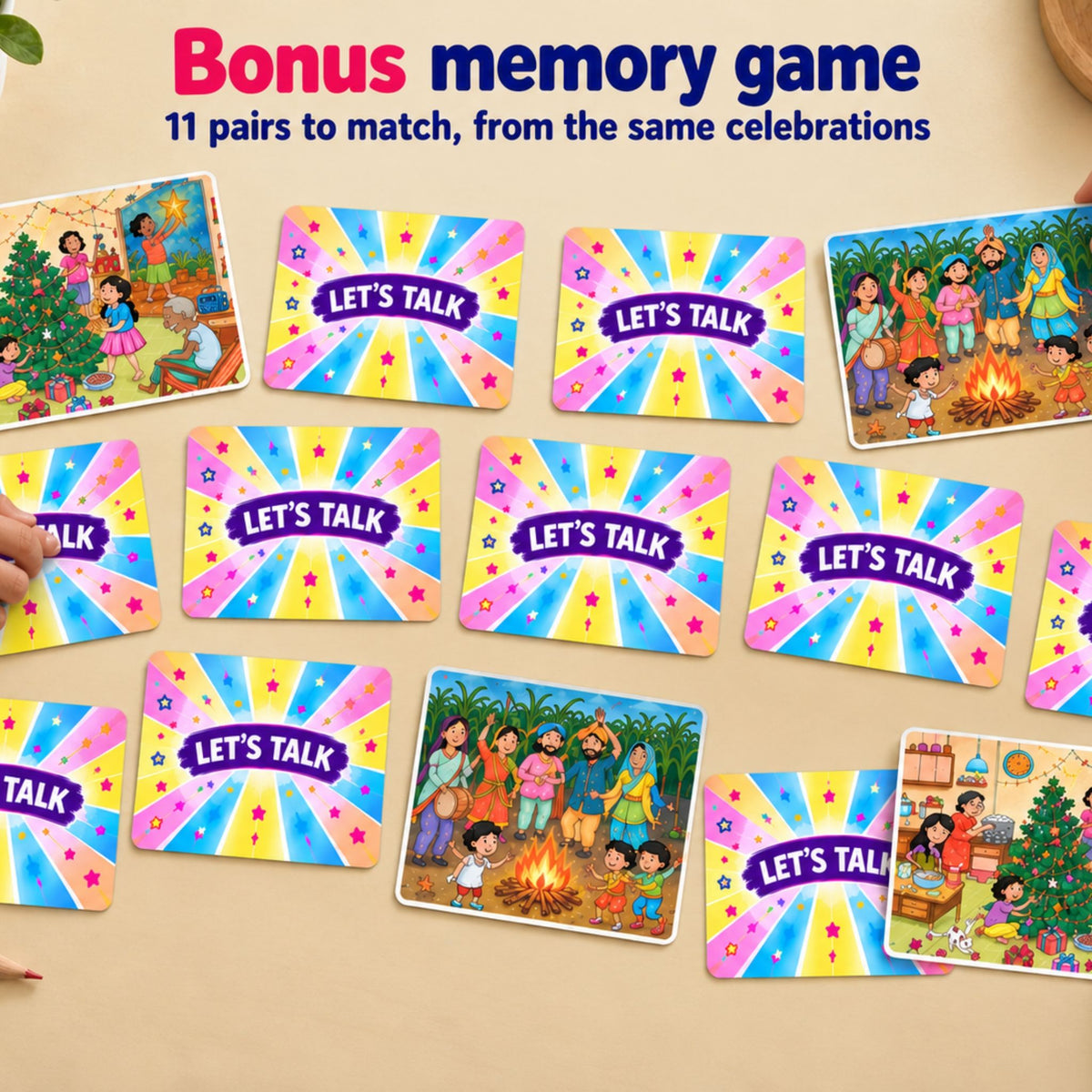 Bonus memory game with 11 matching pairs from the same celebrations