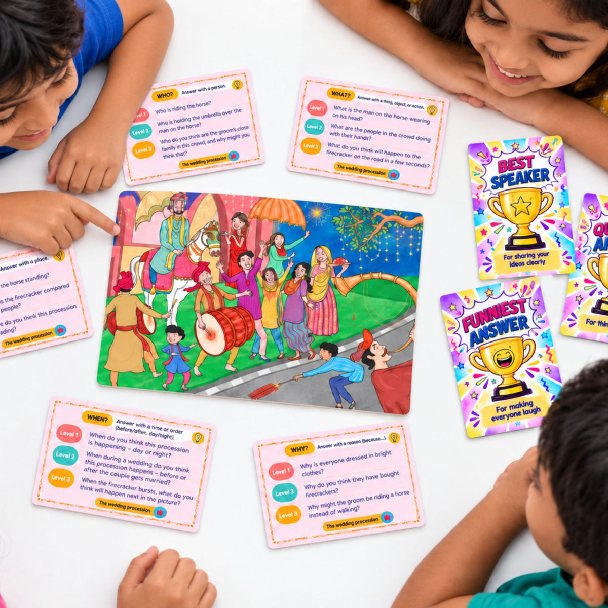 Children playing with the scene cards, question cards and trophy cards