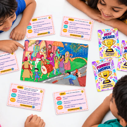 Children playing with the scene cards, question cards and trophy cards