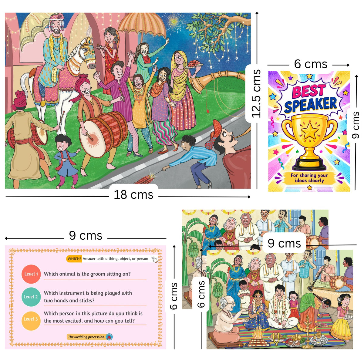 Card sizes: scene cards 18 x 12.5 cm, question and trophy cards 6 x 9 cm