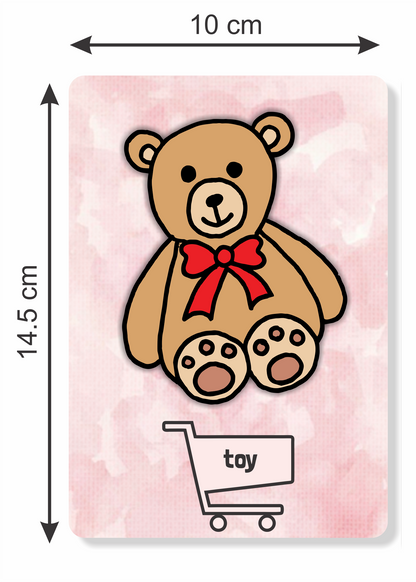 Little Shopper vocabulary game: card size shown next to a phone